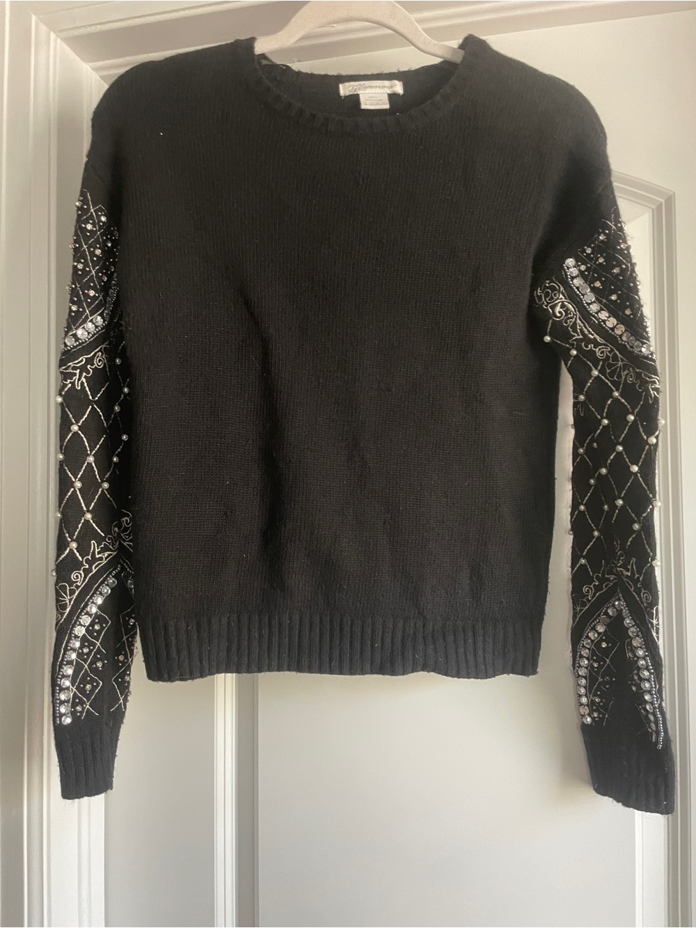 Glamorous Black Beaded Embellished Sleeve Sweater Crewneck Glam Dressy Size S